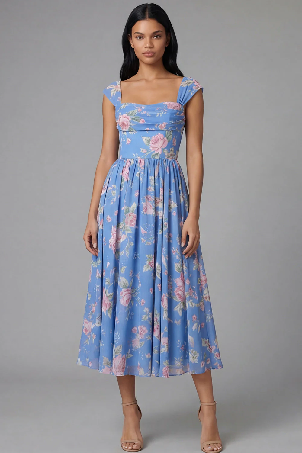 Square Neck Sheath Chiffon Blue Ruched Printed Midi Floral Dress