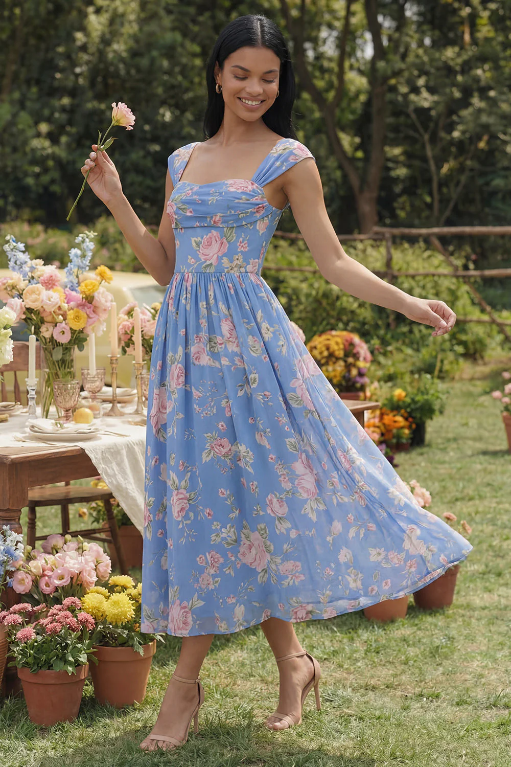 Square Neck Sheath Chiffon Blue Ruched Printed Midi Floral Dress - Image 2