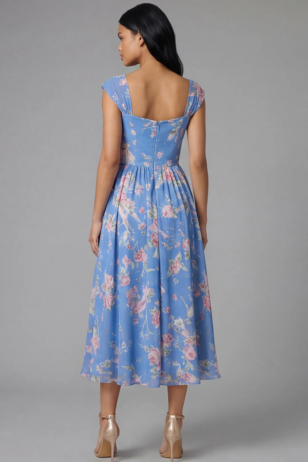 Square Neck Sheath Chiffon Blue Ruched Printed Midi Floral Dress - Image 3