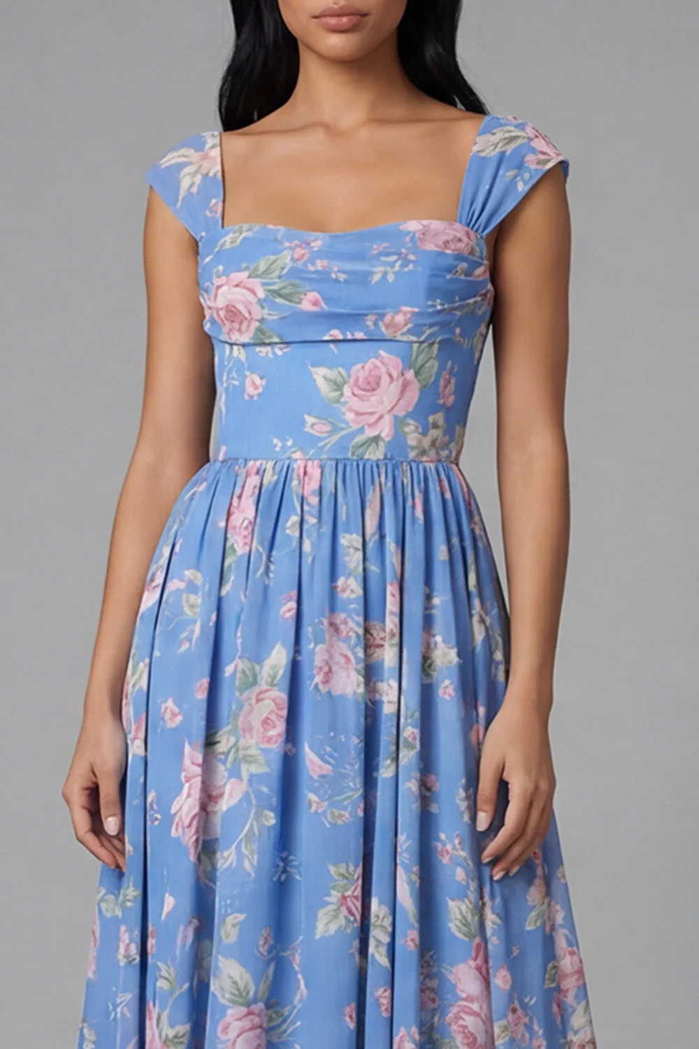 Square Neck Sheath Chiffon Blue Ruched Printed Midi Floral Dress - Image 4