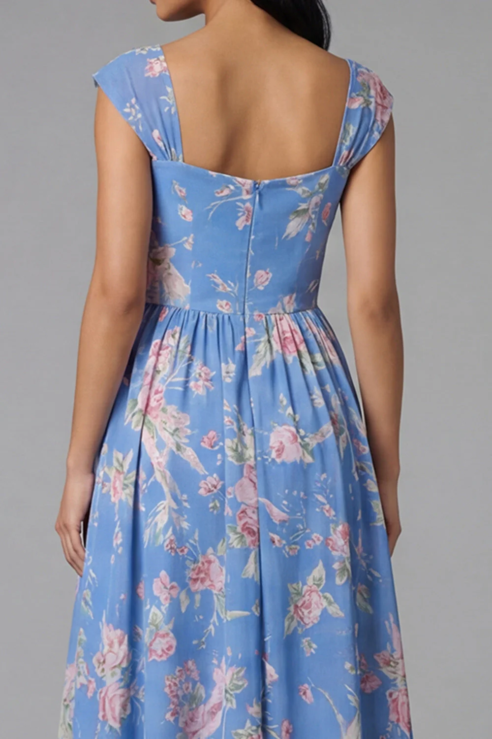 Square Neck Sheath Chiffon Blue Ruched Printed Midi Floral Dress - Image 5