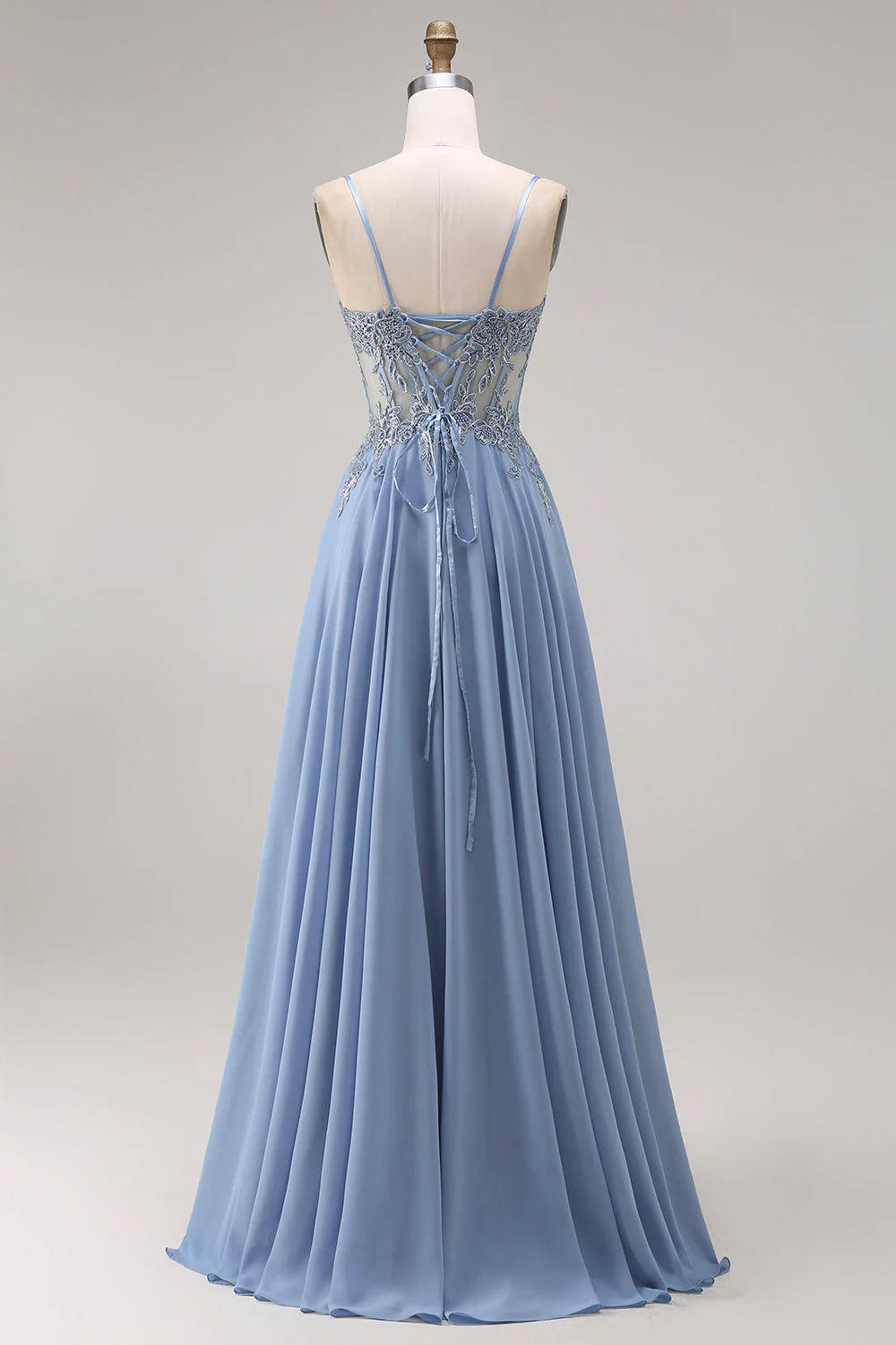Steel Blue Sheer Corset A-Line Beaded Long Prom Dress with Slit - Image 2