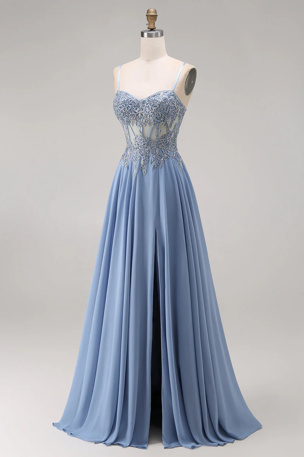 Steel Blue Sheer Corset A-Line Beaded Long Prom Dress with Slit - Image 3