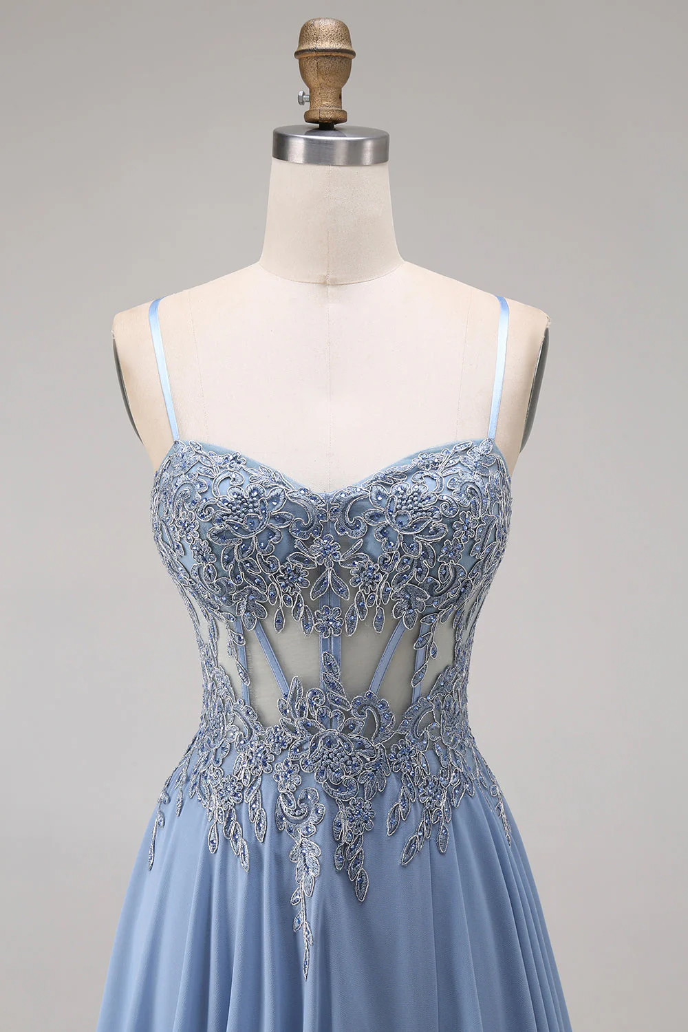 Steel Blue Sheer Corset A-Line Beaded Long Prom Dress with Slit - Image 4