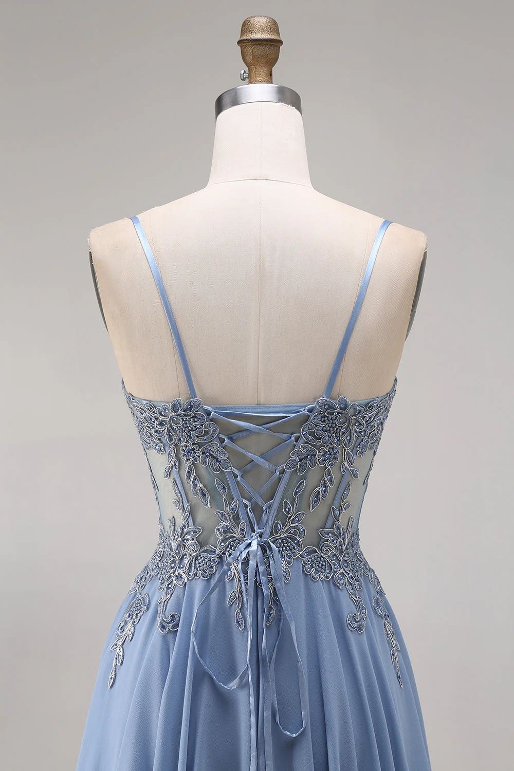 Steel Blue Sheer Corset A-Line Beaded Long Prom Dress with Slit - Image 5