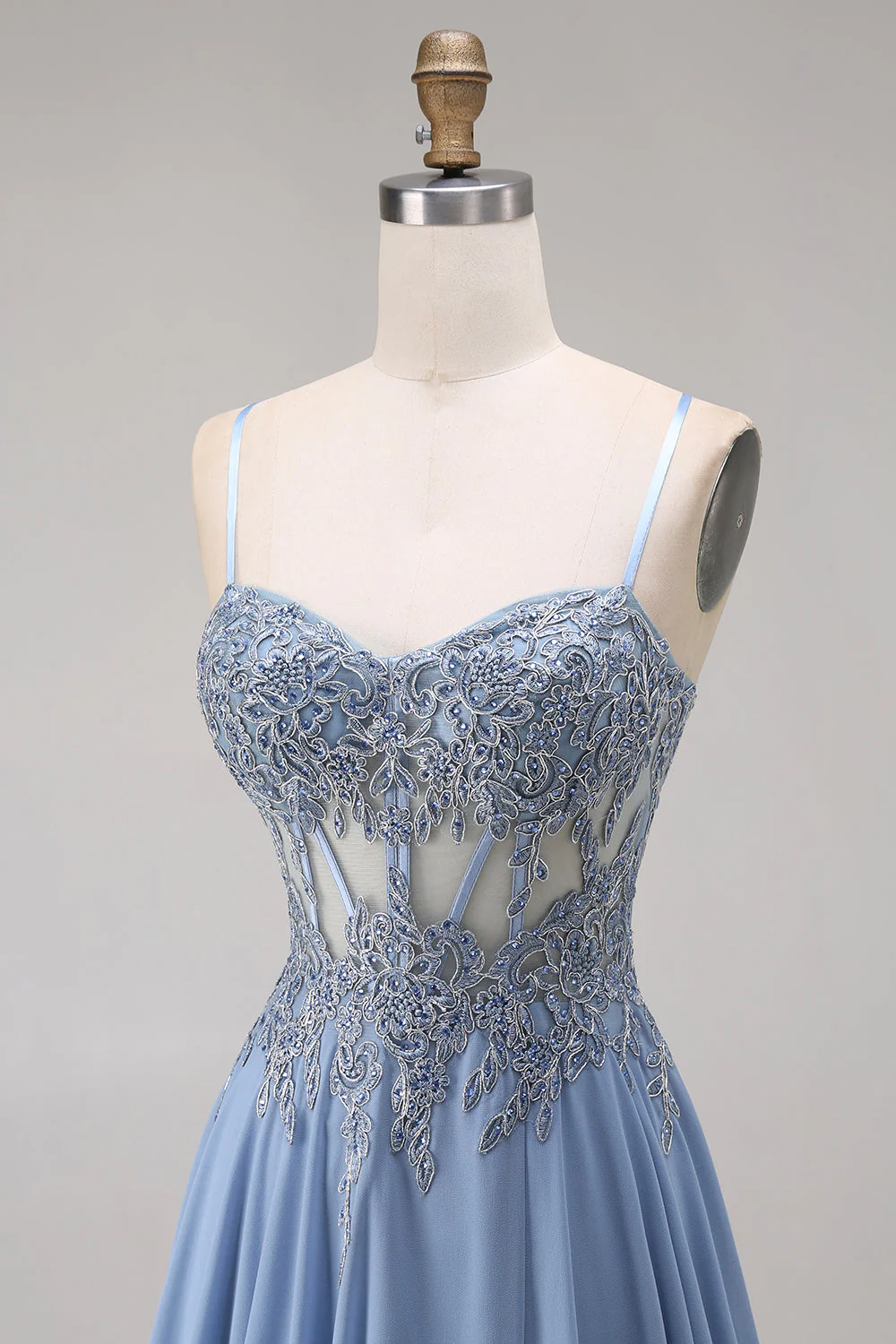 Steel Blue Sheer Corset A-Line Beaded Long Prom Dress with Slit - Image 6