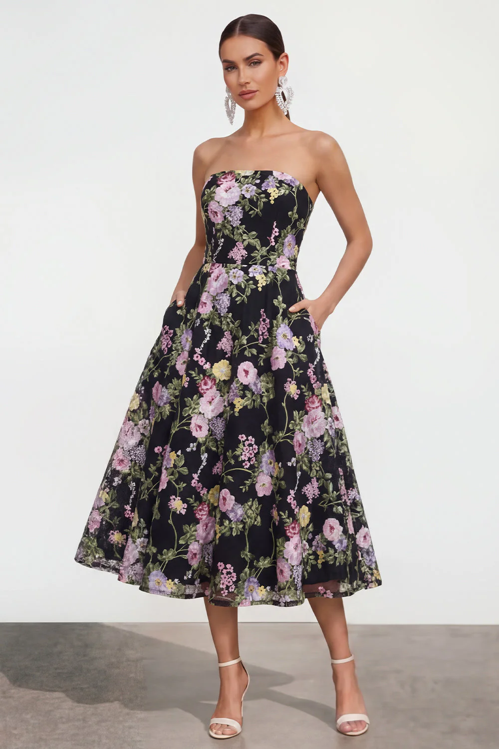Strapless A Line Black Pink Flower Midi Dress with Pockets