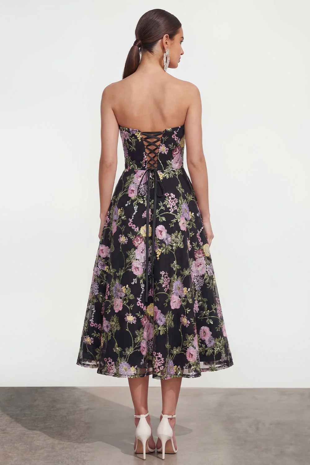 Strapless A Line Black Pink Flower Midi Dress with Pockets - Image 2