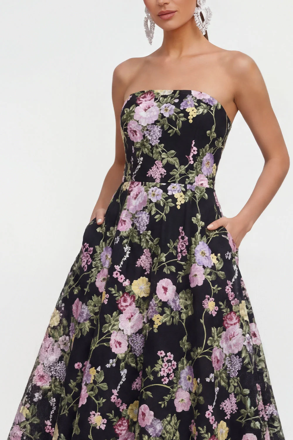 Strapless A Line Black Pink Flower Midi Dress with Pockets - Image 3