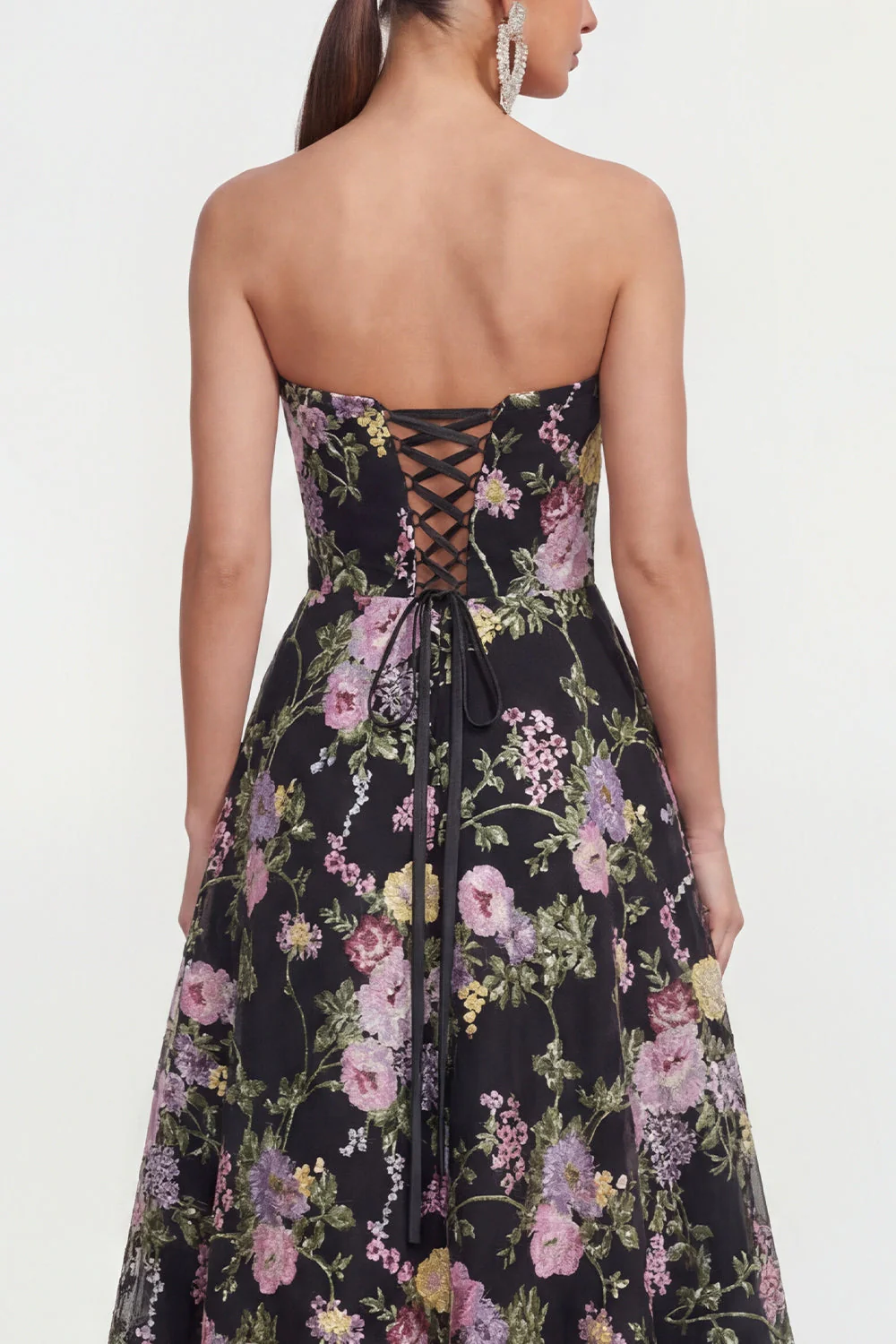 Strapless A Line Black Pink Flower Midi Dress with Pockets - Image 4