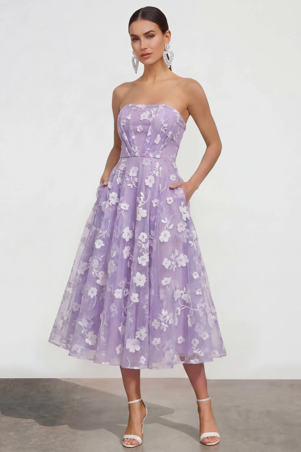Strapless A-Line Midi Lilac Floral Dress with Pockets