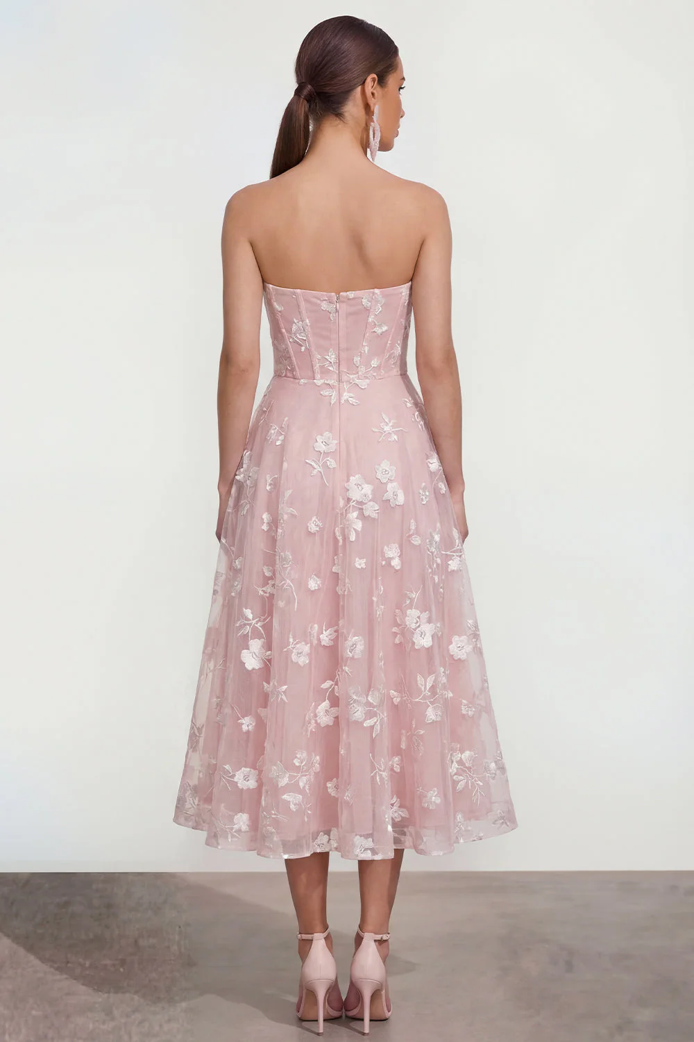 Strapless A-Line Midi Lilac Floral Dress with Pockets - Image 10
