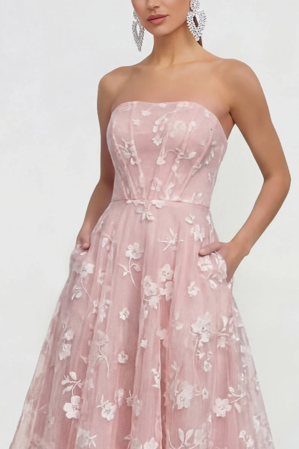 Strapless A-Line Midi Lilac Floral Dress with Pockets - Image 11