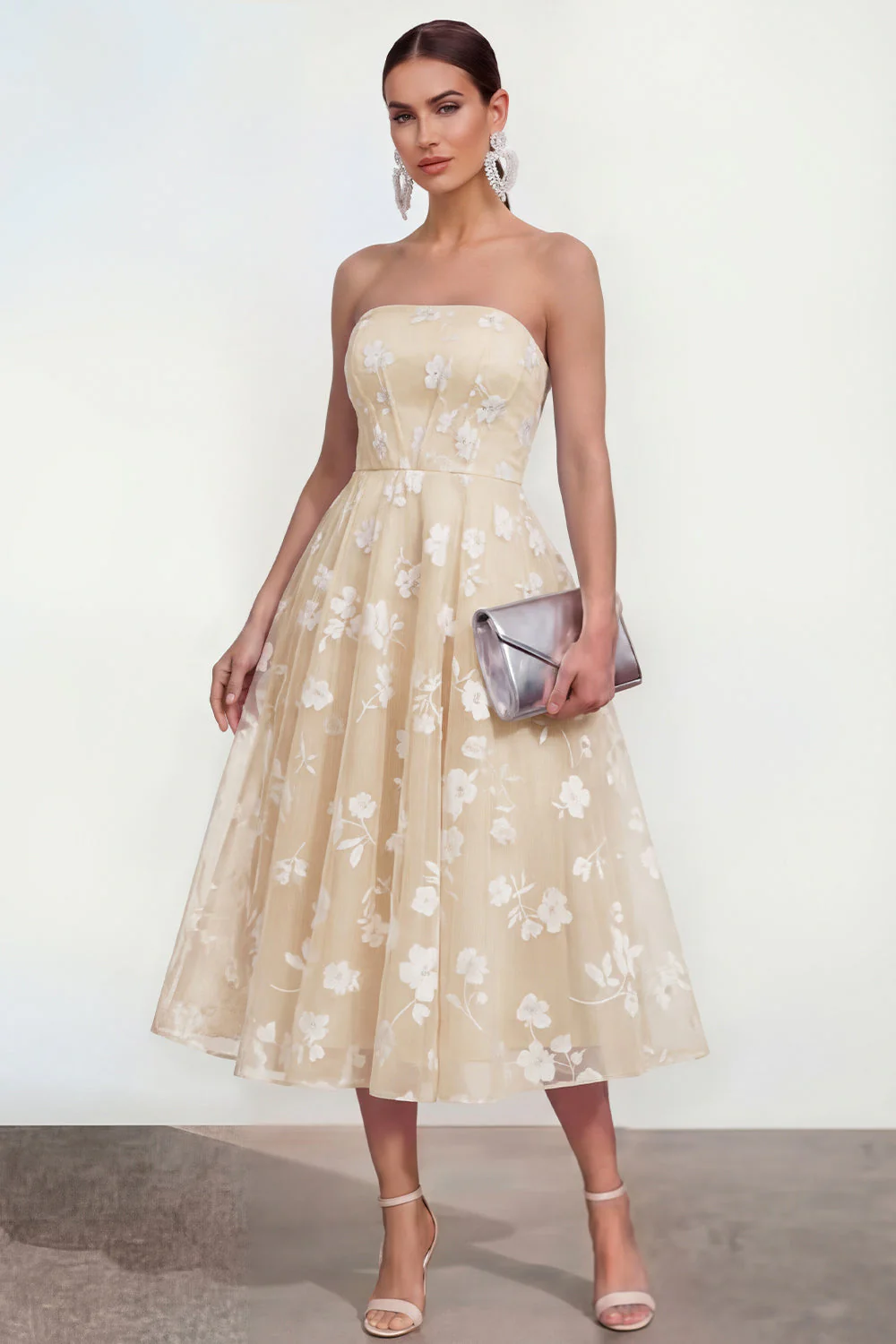 Strapless A-Line Midi Lilac Floral Dress with Pockets - Image 13