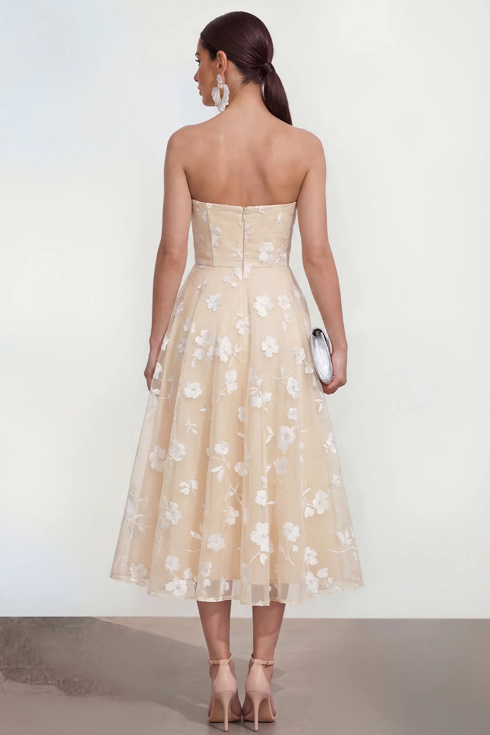 Strapless A-Line Midi Lilac Floral Dress with Pockets - Image 14