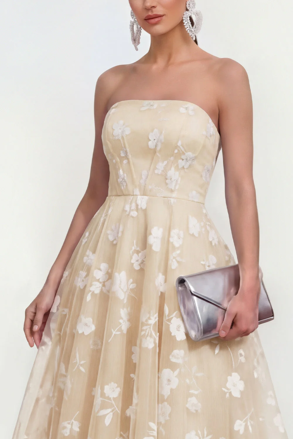 Strapless A-Line Midi Lilac Floral Dress with Pockets - Image 15