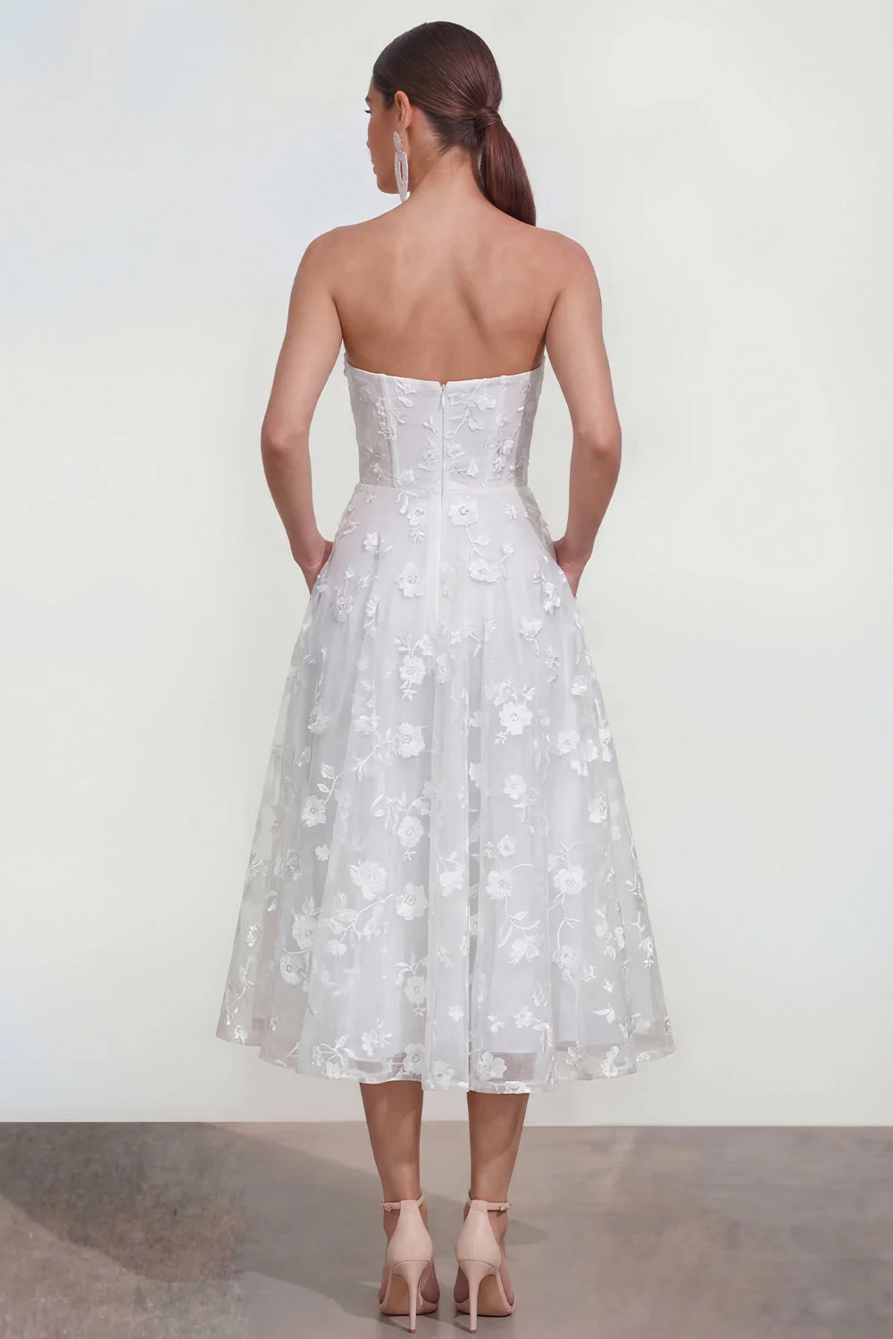 Strapless A-Line Midi Lilac Floral Dress with Pockets - Image 18