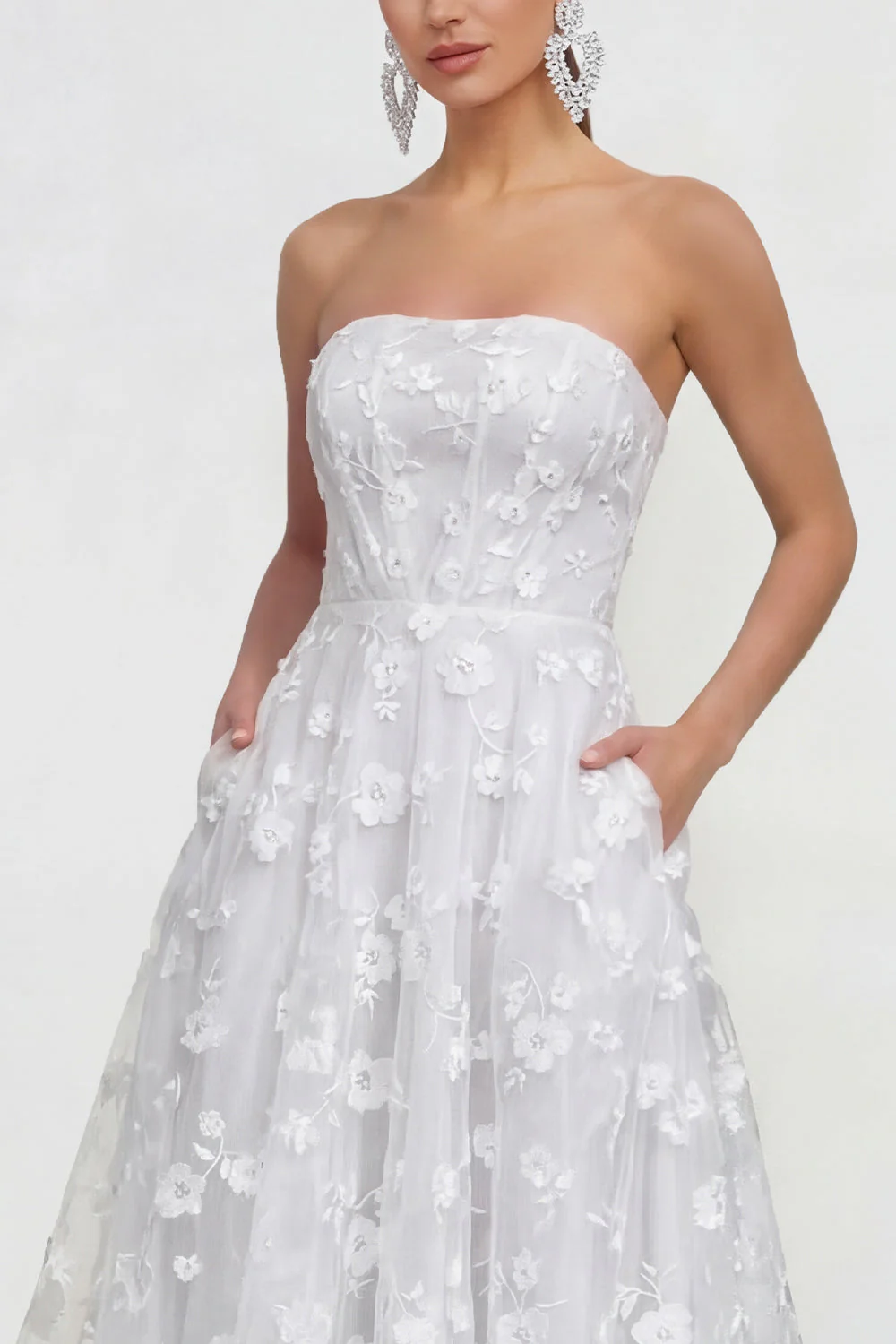 Strapless A-Line Midi Lilac Floral Dress with Pockets - Image 19