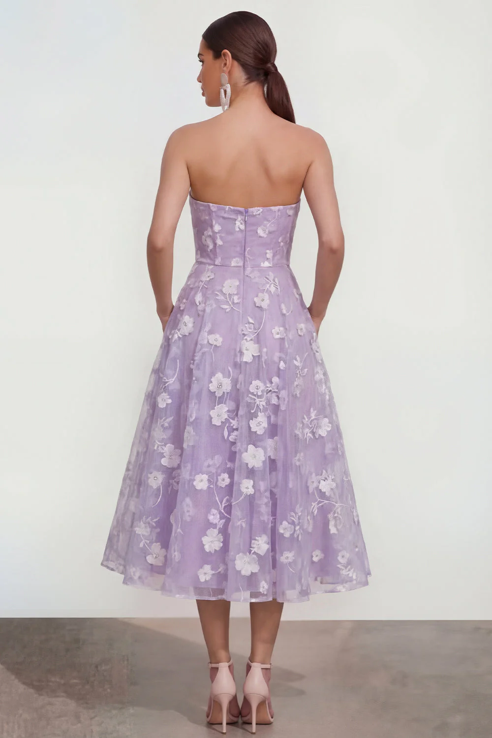Strapless A-Line Midi Lilac Floral Dress with Pockets - Image 2