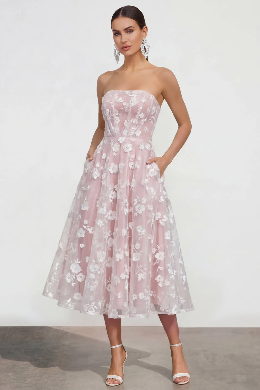 Strapless A-Line Midi Lilac Floral Dress with Pockets - Image 21