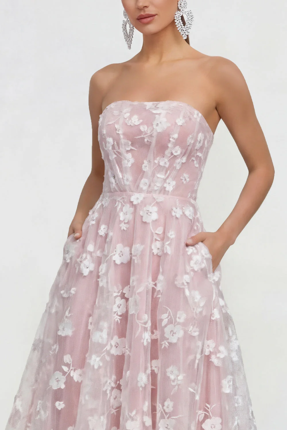 Strapless A-Line Midi Lilac Floral Dress with Pockets - Image 23