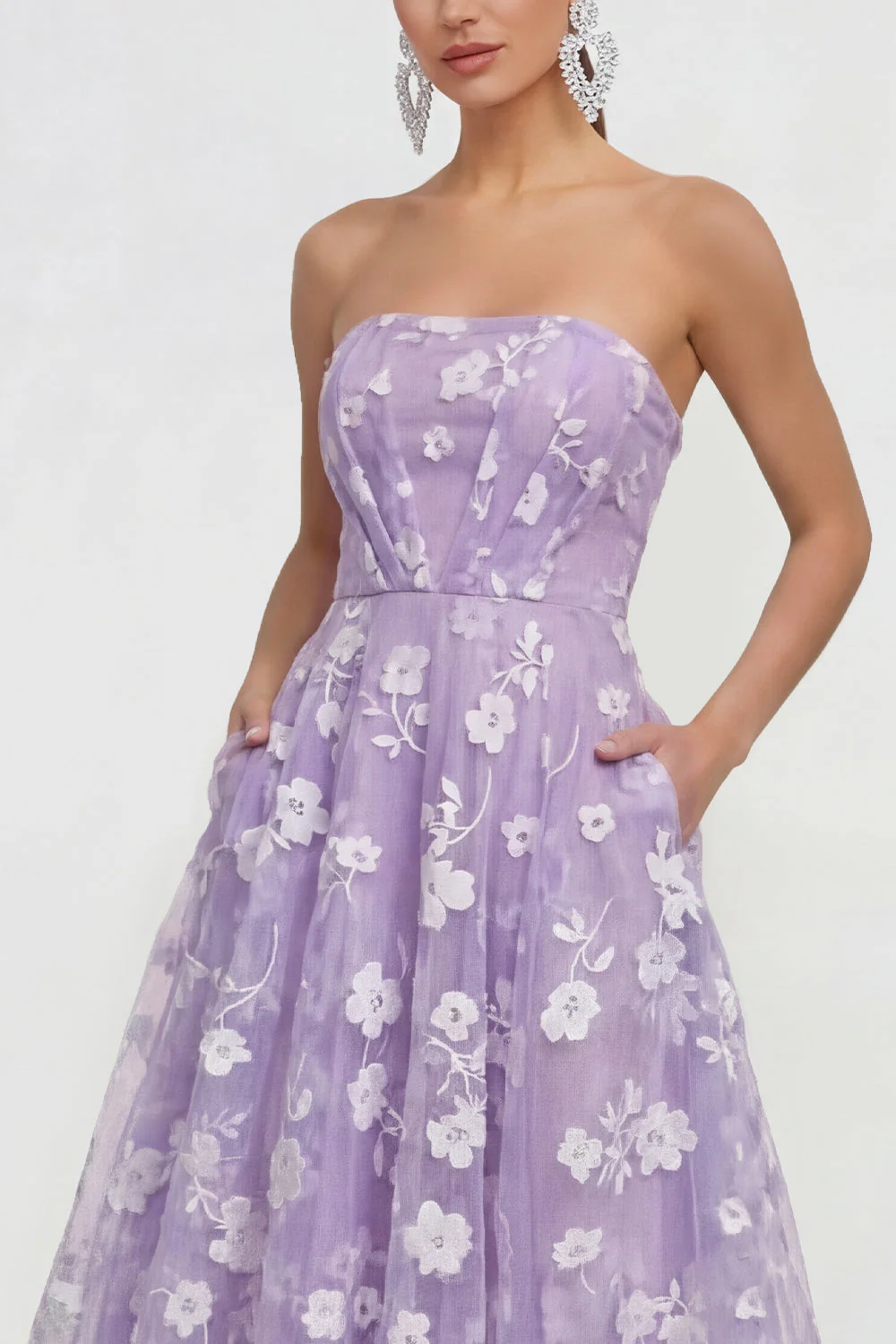 Strapless A-Line Midi Lilac Floral Dress with Pockets - Image 3