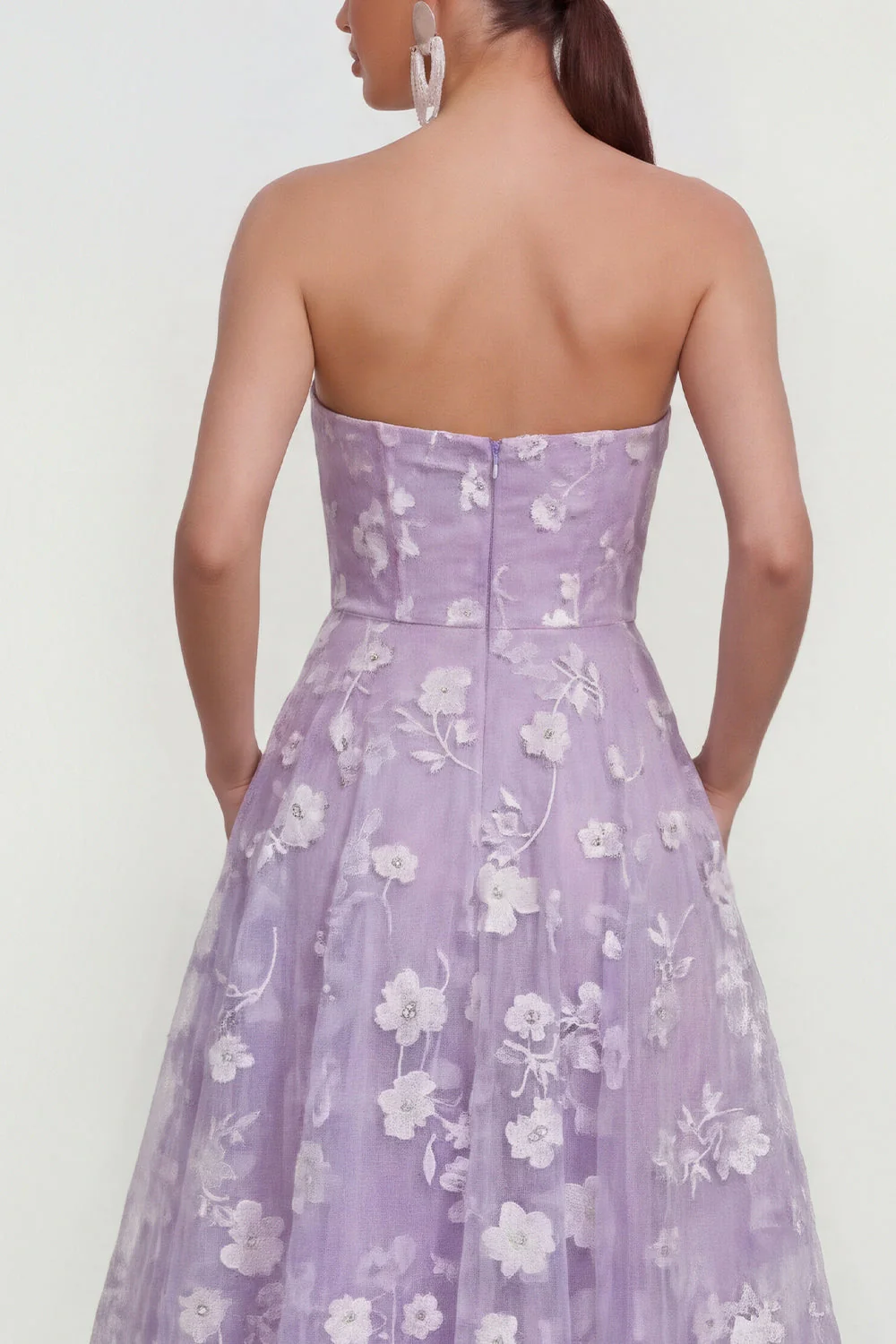 Strapless A-Line Midi Lilac Floral Dress with Pockets - Image 4