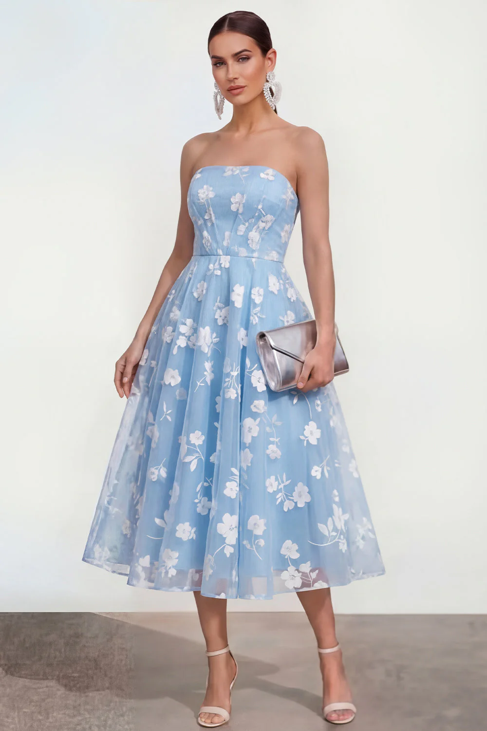 Strapless A-Line Midi Lilac Floral Dress with Pockets - Image 5