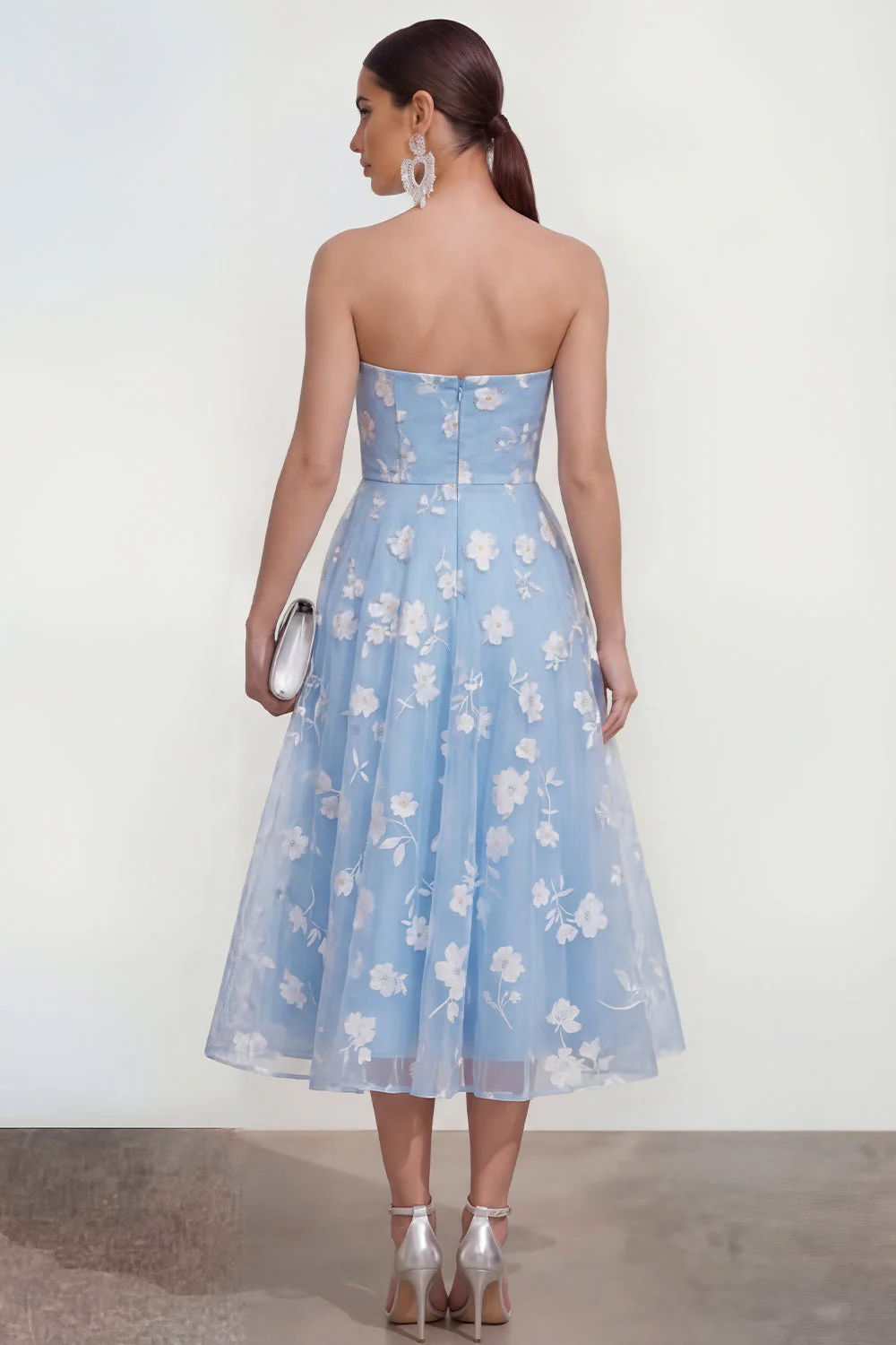 Strapless A-Line Midi Lilac Floral Dress with Pockets - Image 6