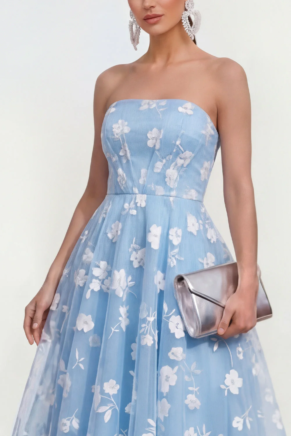 Strapless A-Line Midi Lilac Floral Dress with Pockets - Image 7