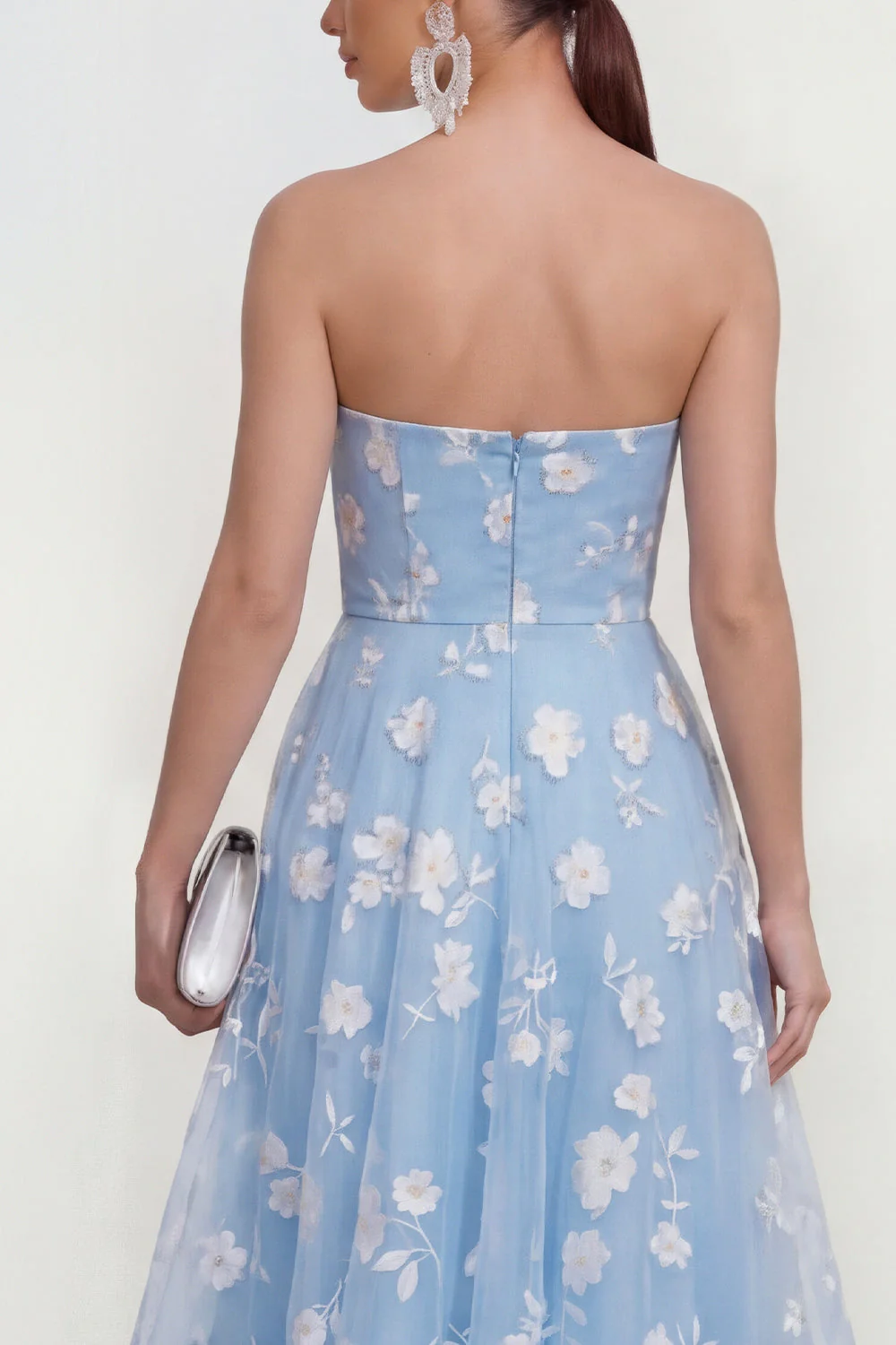 Strapless A-Line Midi Lilac Floral Dress with Pockets - Image 8