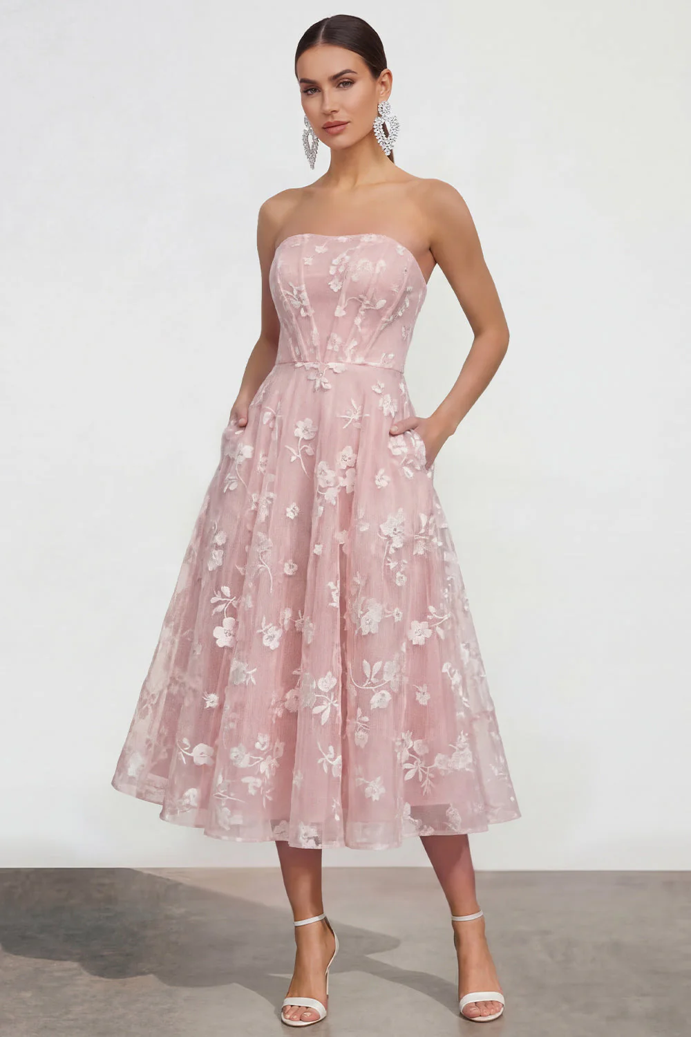Strapless A-Line Midi Lilac Floral Dress with Pockets - Image 9