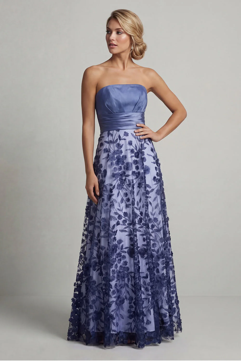 Strapless A Line Navy Floral Mother Of the Bride Dress - Image 3
