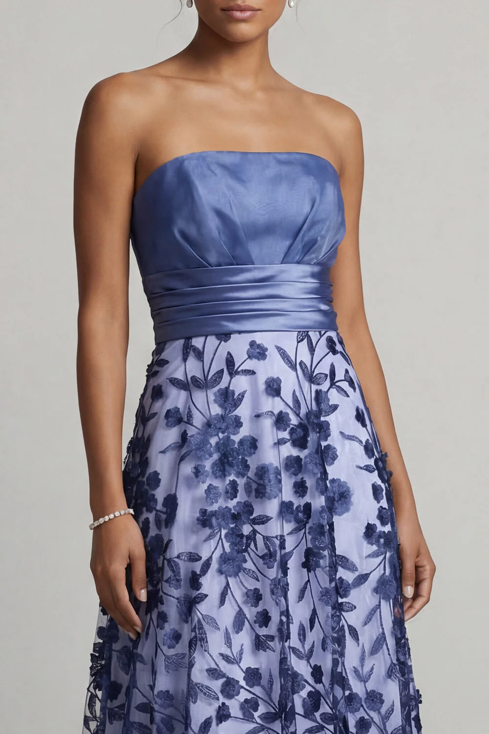 Strapless A Line Navy Floral Mother Of the Bride Dress - Image 4