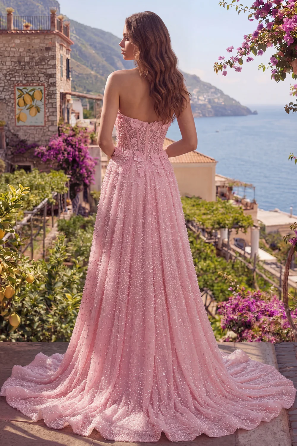 Strapless A Line Pink Corset Long Prom Dress with 3D Flowers - Image 2