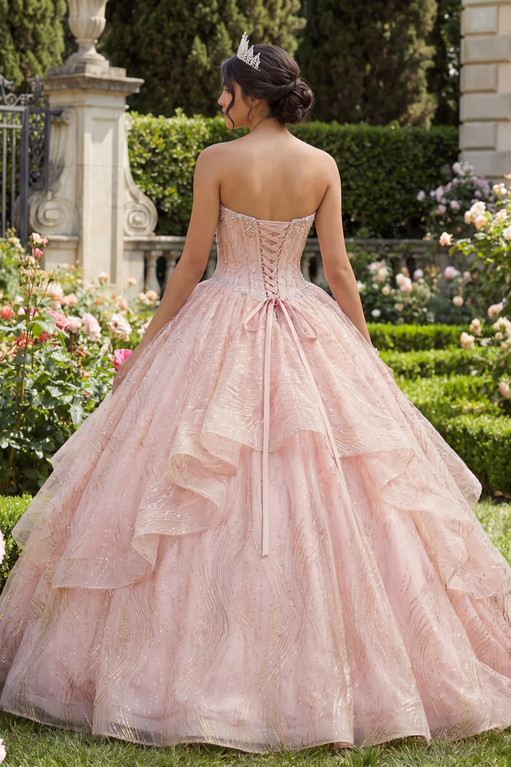 Strapless Ball Gown Beaded Ruffled Pink Quinceanera Dress - Image 2