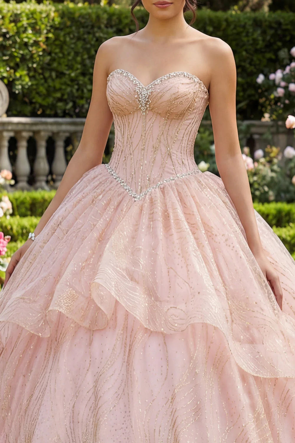 Strapless Ball Gown Beaded Ruffled Pink Quinceanera Dress - Image 3