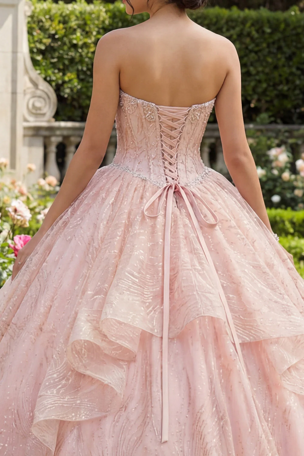 Strapless Ball Gown Beaded Ruffled Pink Quinceanera Dress - Image 4