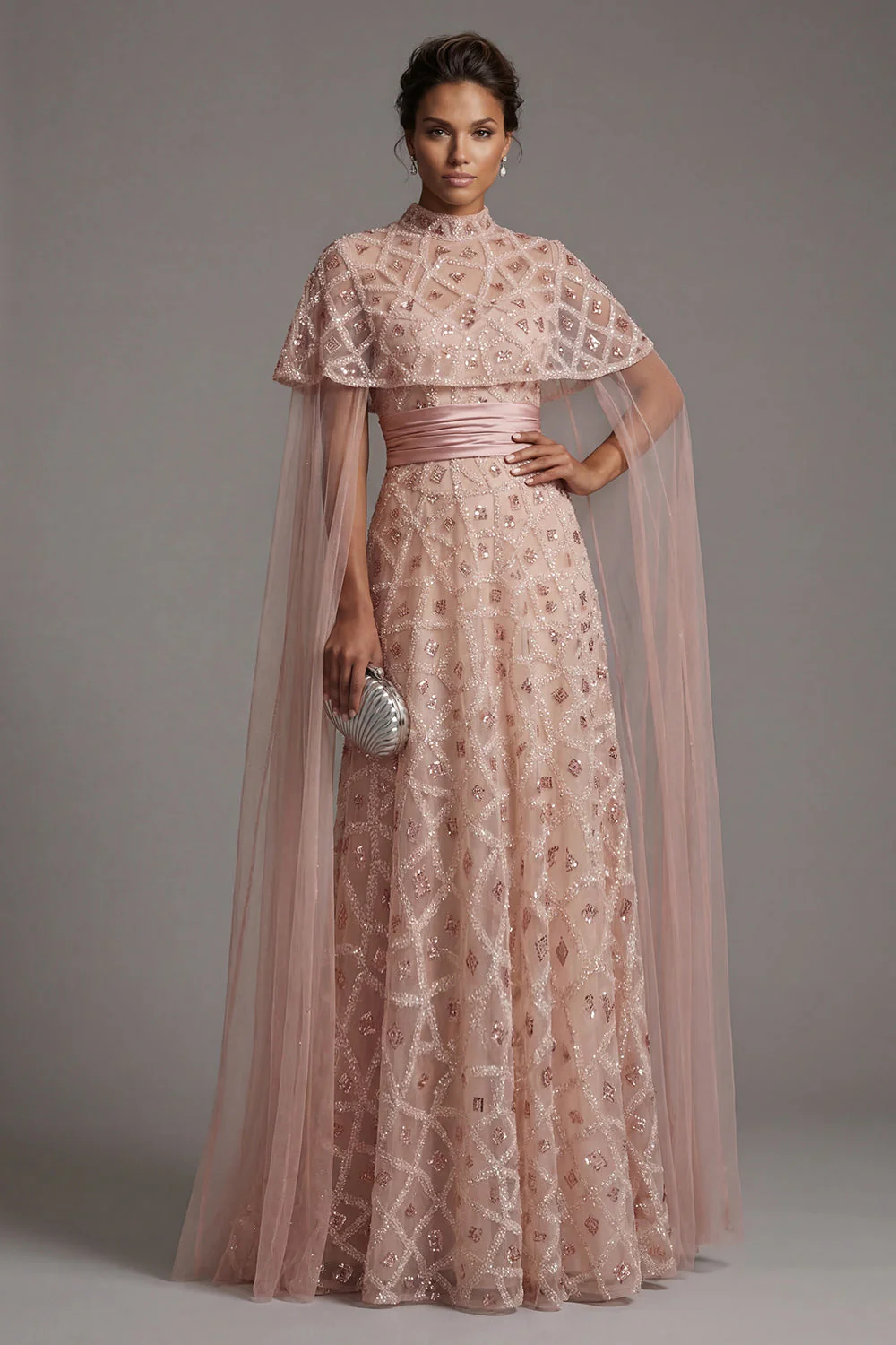 Strapless Blush Beaded A Line Long Mother Of Bride Dress with Detachable Cape