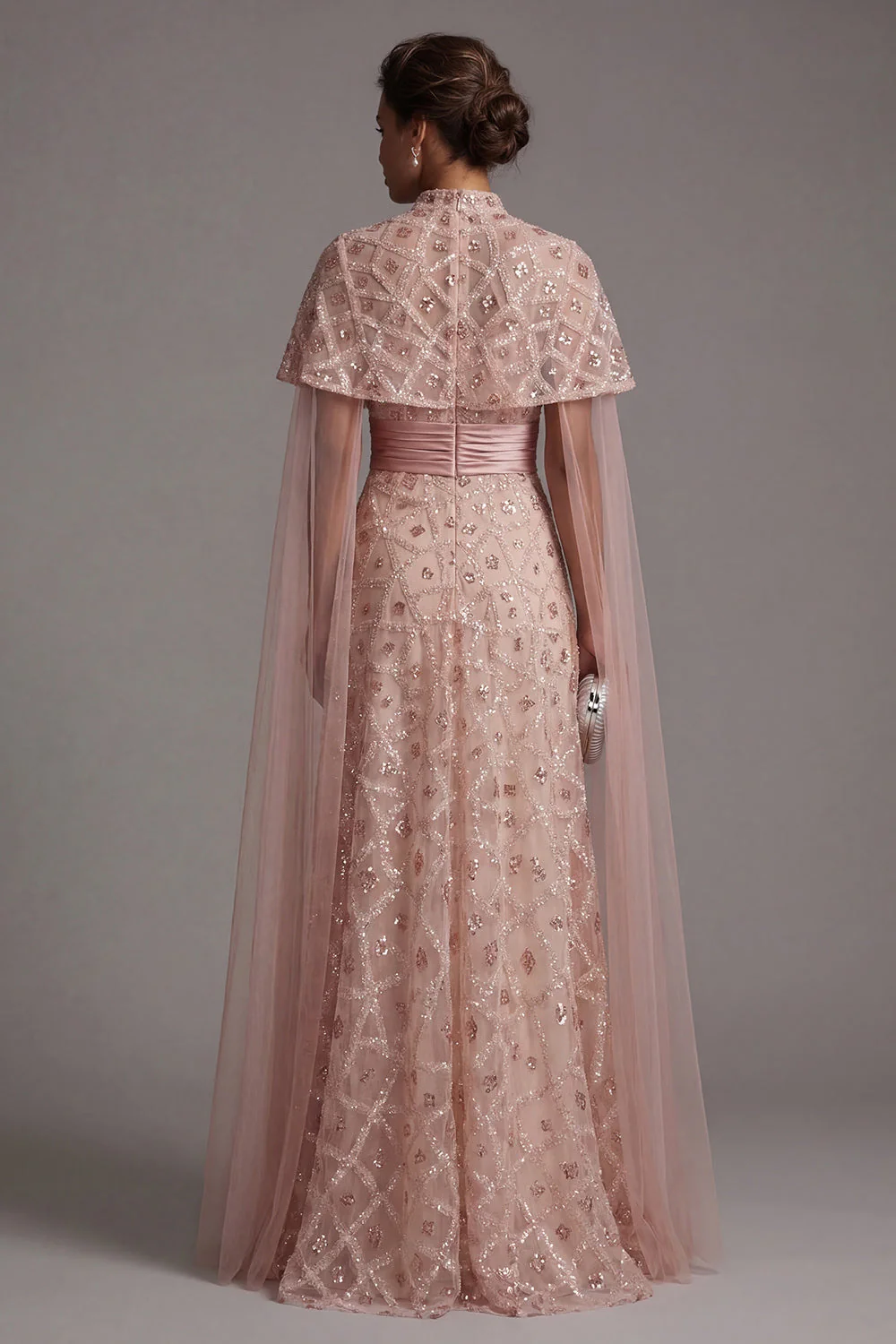Strapless Blush Beaded A Line Long Mother Of Bride Dress with Detachable Cape - Image 2