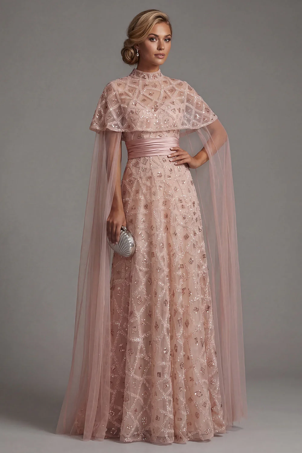 Strapless Blush Beaded A Line Long Mother Of Bride Dress with Detachable Cape - Image 3