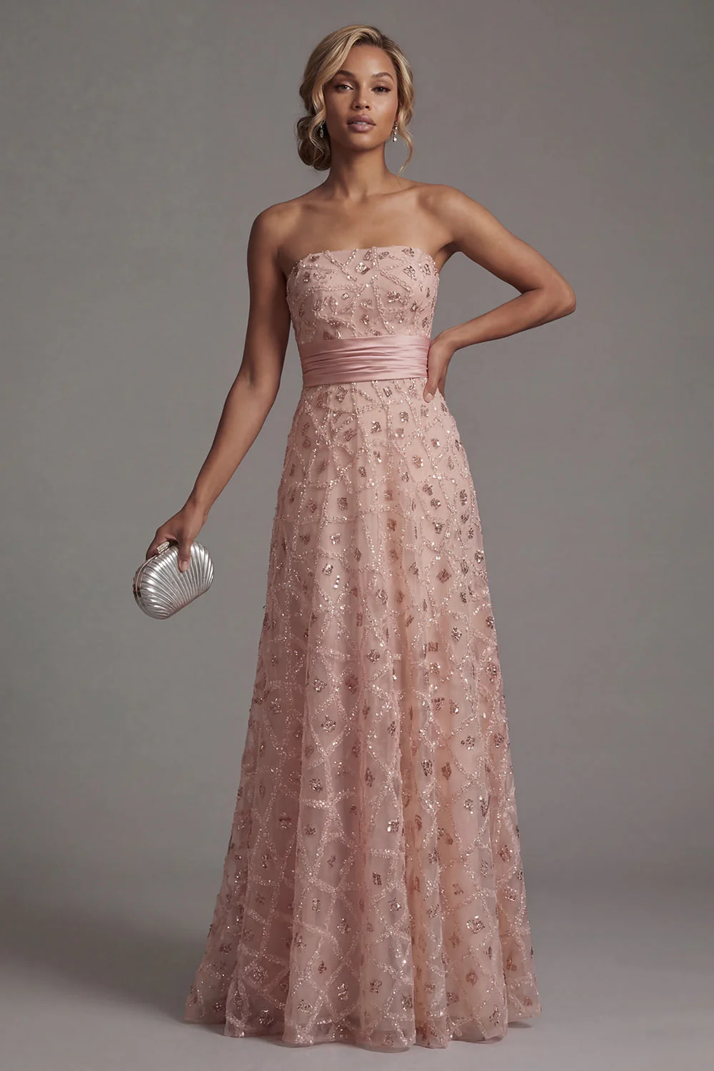 Strapless Blush Beaded A Line Long Mother Of Bride Dress with Detachable Cape - Image 4