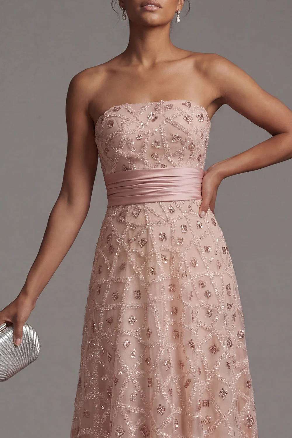 Strapless Blush Beaded A Line Long Mother Of Bride Dress with Detachable Cape - Image 5