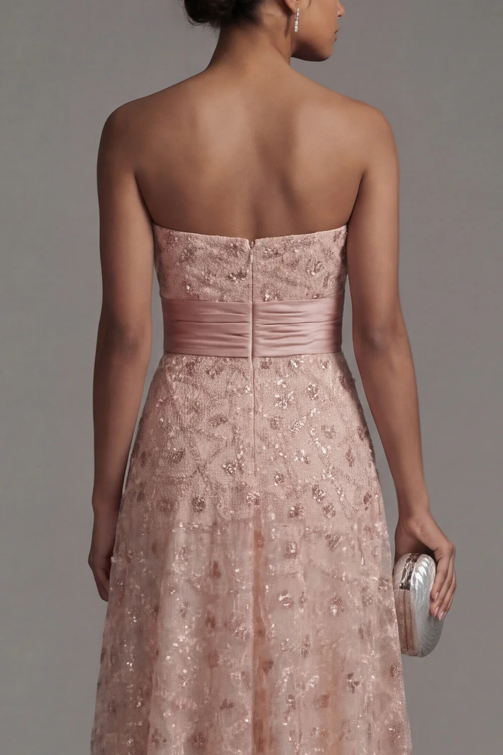 Strapless Blush Beaded A Line Long Mother Of Bride Dress with Detachable Cape - Image 6