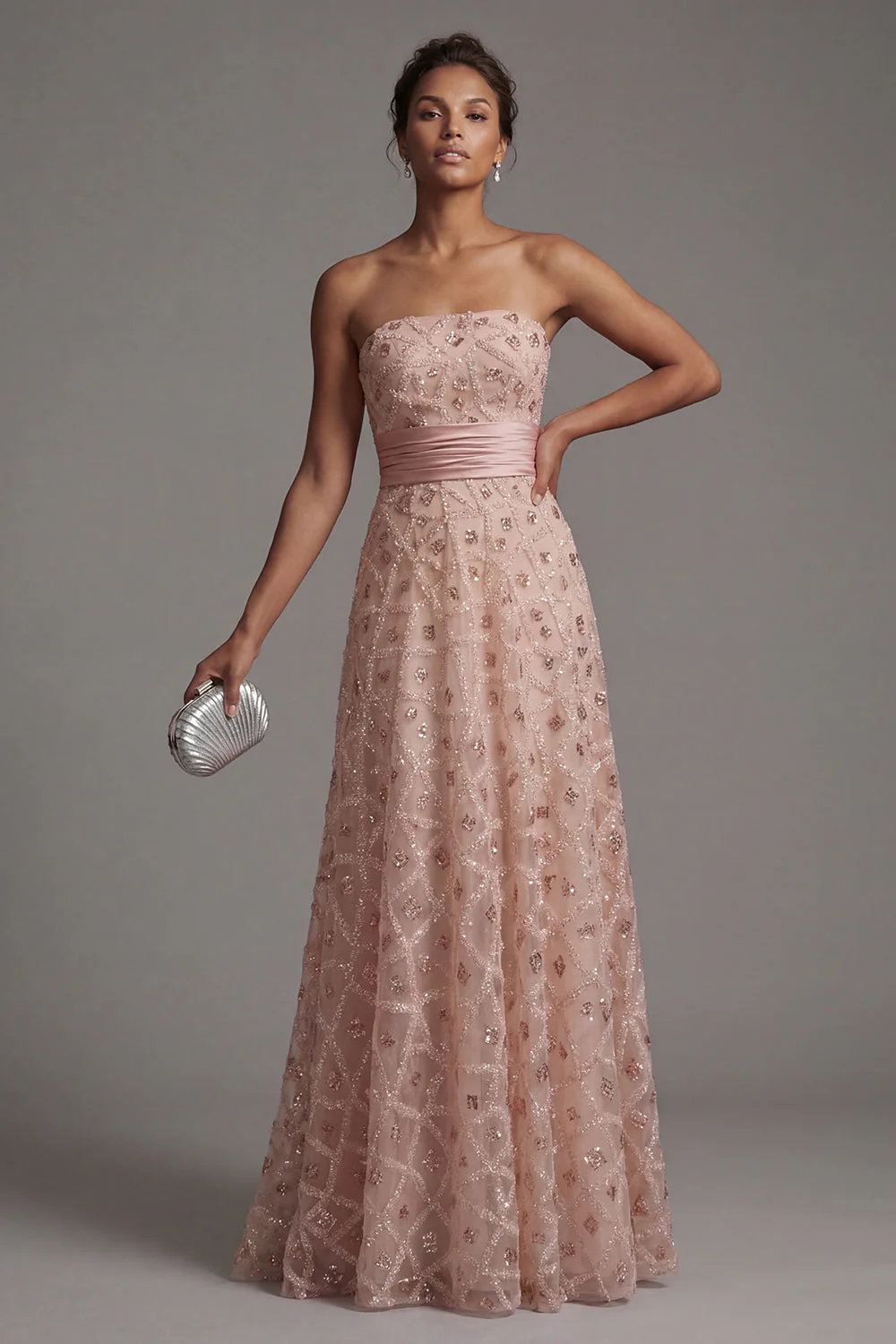 Strapless Blush Beaded A Line Long Mother Of Bride Dress with Detachable Cape - Image 7