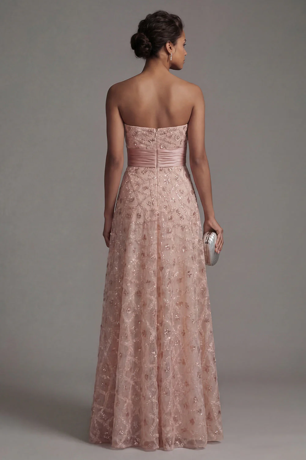 Strapless Blush Beaded A Line Long Mother Of Bride Dress with Detachable Cape - Image 8