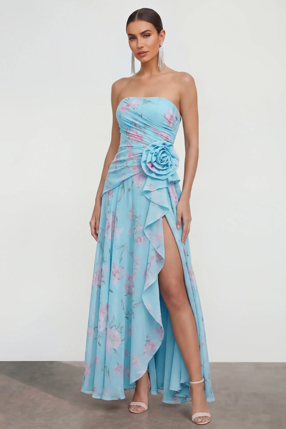 Strapless Blue A-Line 3D Flower Ruffled Floral Dress with Slit