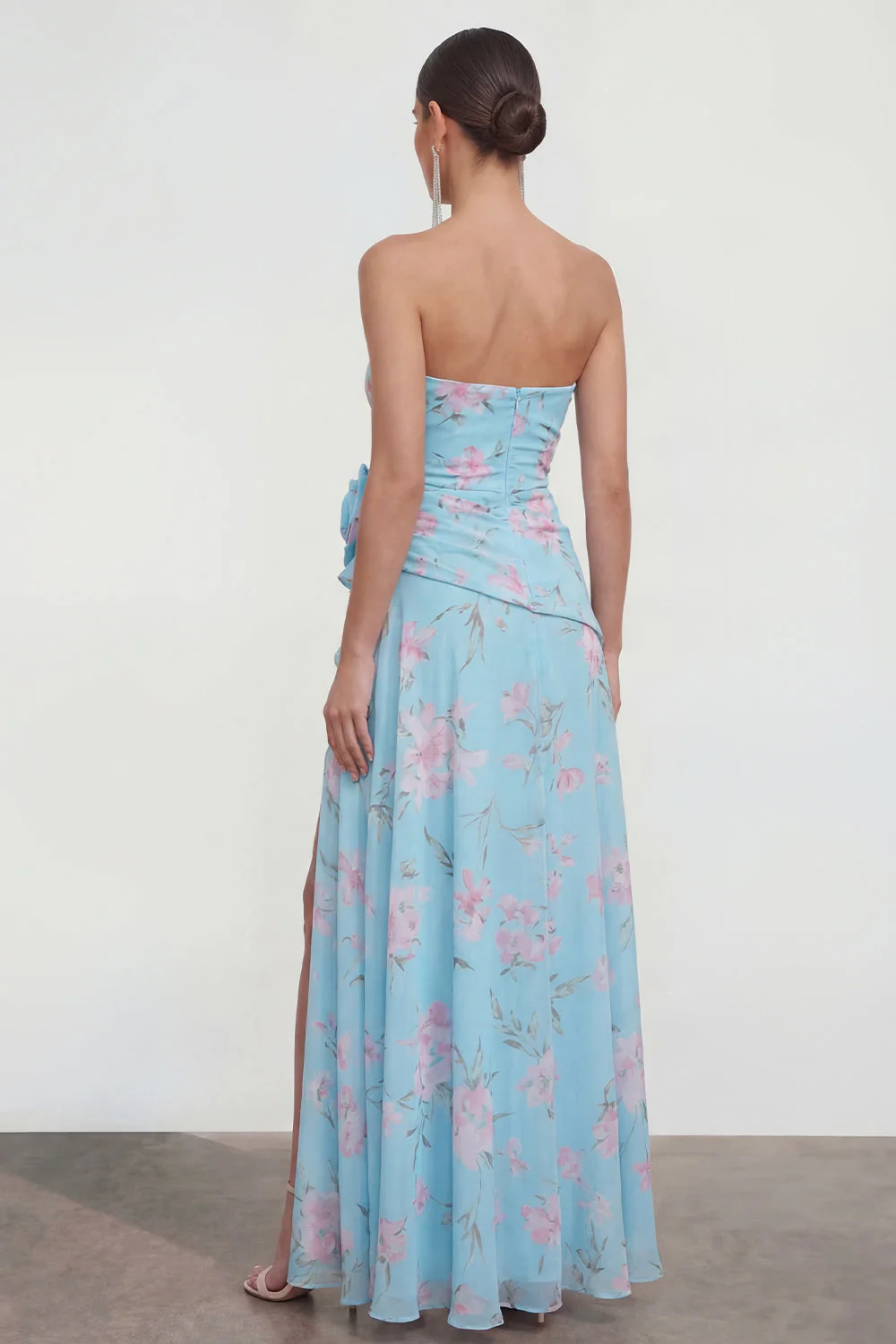 Strapless Blue A-Line 3D Flower Ruffled Floral Dress with Slit - Image 2