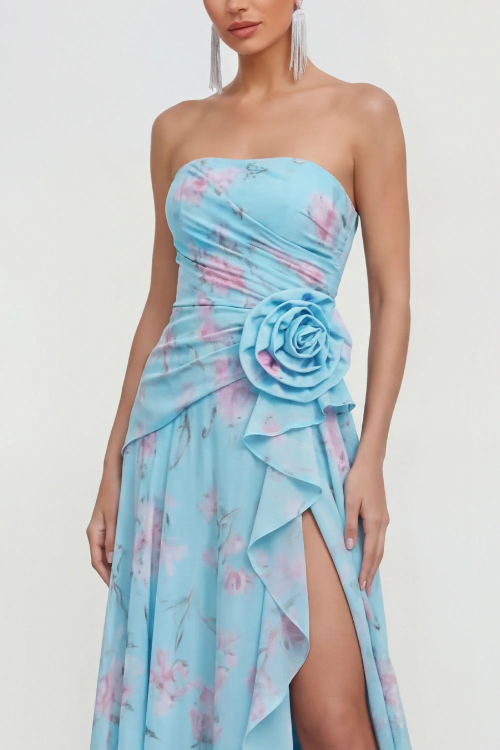Strapless Blue A-Line 3D Flower Ruffled Floral Dress with Slit - Image 3