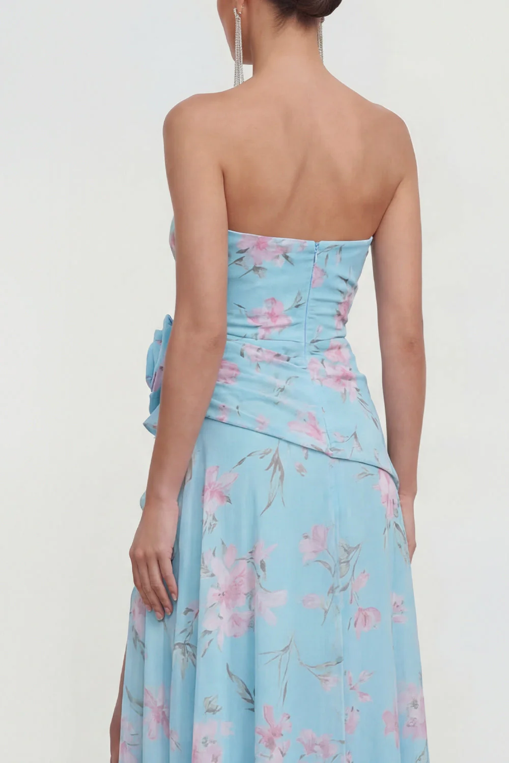 Strapless Blue A-Line 3D Flower Ruffled Floral Dress with Slit - Image 4